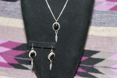 Vintage Sterling Onyx Necklace & Earrings Set