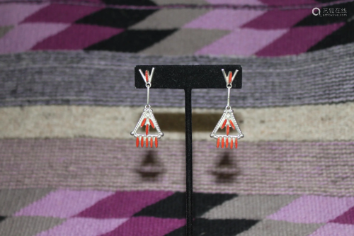 Navajo Sterling & Coral Needle Point Earrings