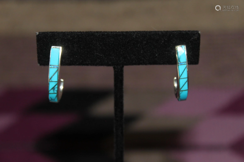 Zuni Turquoise Inlayed Half Hoop Earrings