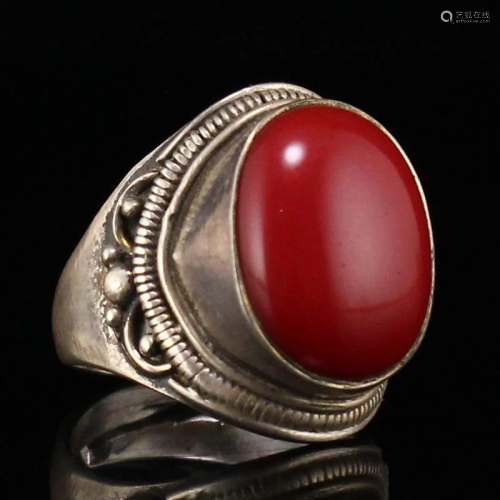 925 Silver Inlay Red Coral Man's Ring Adjustable Size