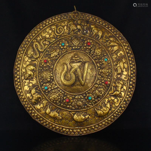 Tibetan Buddhism Gilt Gold Red Copper Inlay Gem Tangka