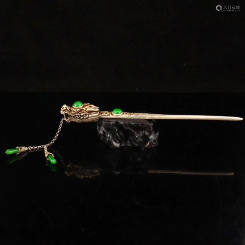 Vintage Silver Inlay Green Jade Dragon Head Hairpin