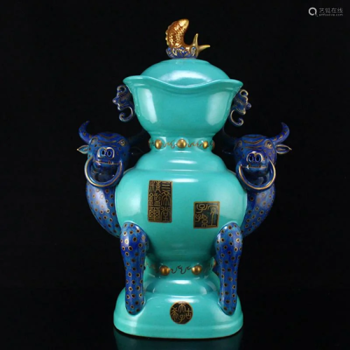 Gilt Gold Turquoise Glaze Double Ears Porcelain Vase