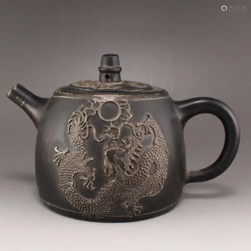 Chinese Yixing Zisha Clay Inlay Silver Dragon Teapot