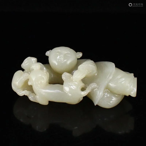 Vintage Chinese Hetian Jade Fortune Kid & Beast Pendant