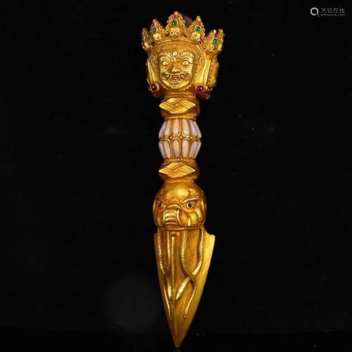 Gilt Gold Red Copper Inlay Gems Pestle XiangMo Statue