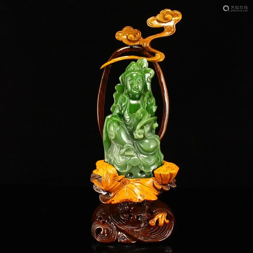 Superb Chinese Green Hetian Jade Kwan-yin Statue