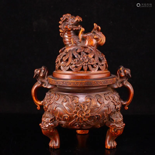 Openwork Boxwood Wood Divine Beast Incense Burner