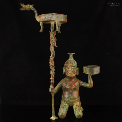 Vintage Chinese Bronze Figure Candlestick