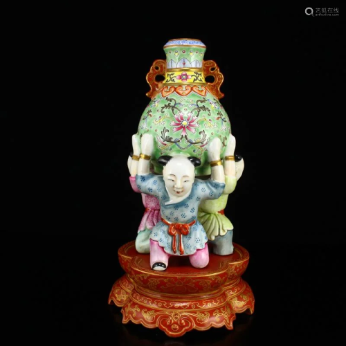 Qing Dy Gilt Gold Famille Rose Porcelain Kids Vase