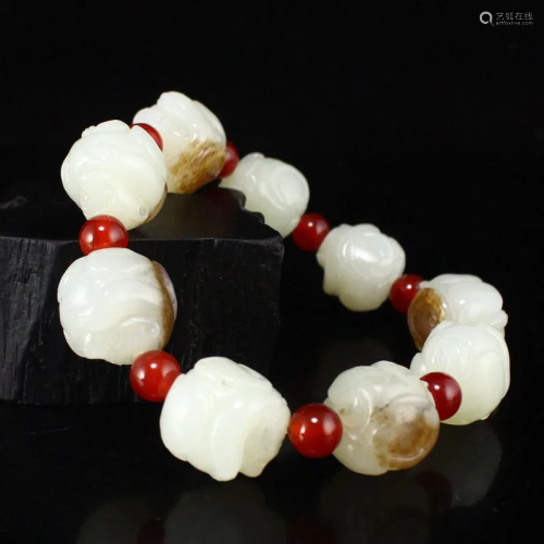 19 MM Chinese Hetian Jade Carved Monkey Bracelet