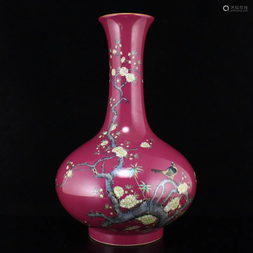 Famille Rose Magpie & Plum Flower Porcelain Vase