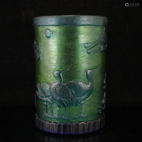 Chinese Peking Glass Pine Tree & Crane Brush Pot