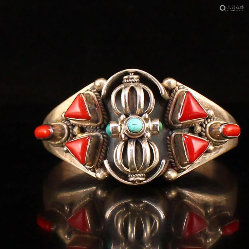 Tibetan Pure Silver Inlay Red Coral Turquoise Bracelet