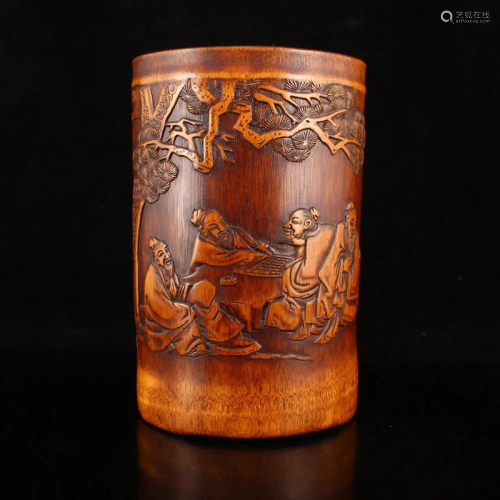 Chinese Low Relief Bamboo Pine Tree & Figure Brush Pot