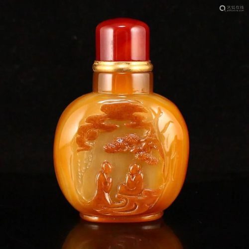 Agate Low Relief Pine Tree & Buddha Snuff Bottle