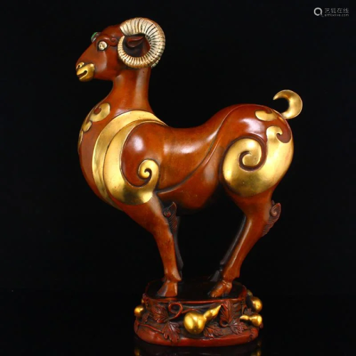 Gilt Gold Red Copper Inlay Gem Fortune Sheep Statue