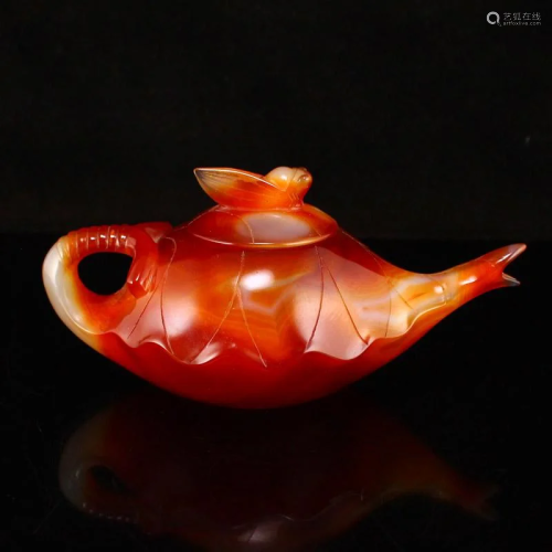 Chinese Red Agate Lotus Leaf Shape Teapot