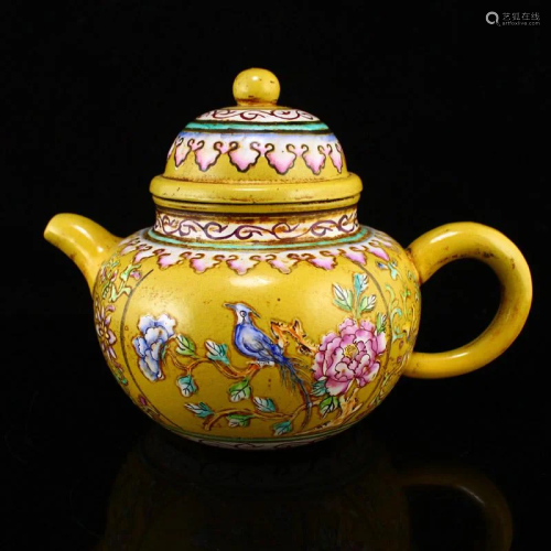 Chinese Yellow Ground Famille Rose Zisha Clay Teapot