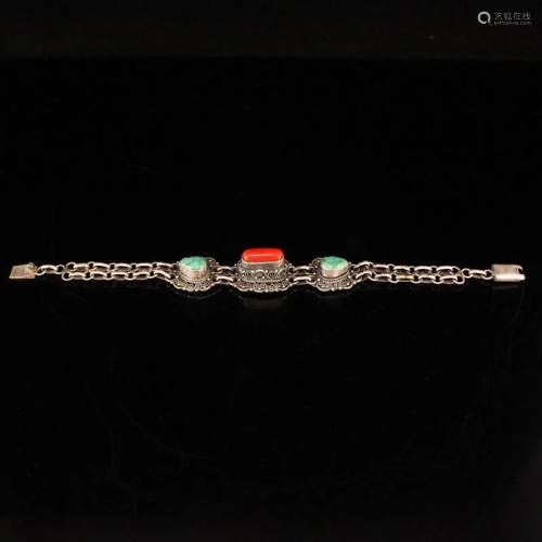 Vintage Pure Silver Inlay Turquoise Red Coral Bracelet