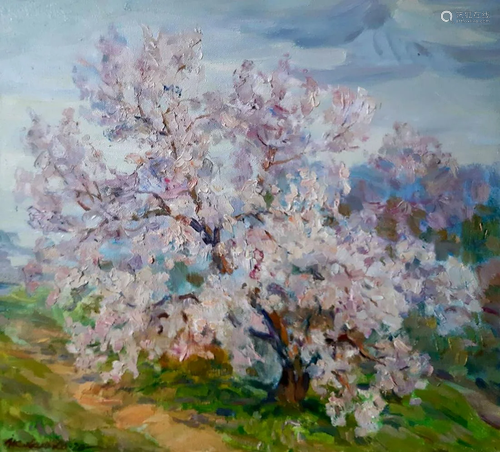 Oil painting A tree grows behind the village Kovalenko