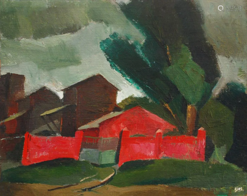 Oil painting Landscape with a red fence Egor Ktpatunov