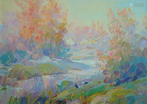 Oil painting Morning. Cranes Kotmin Dmitry