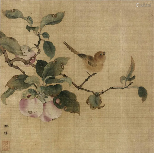 Song dynasty bird looking for fruit painting by Ling