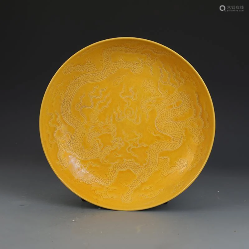 Ming dynasty brown glaze plate with dragon craving