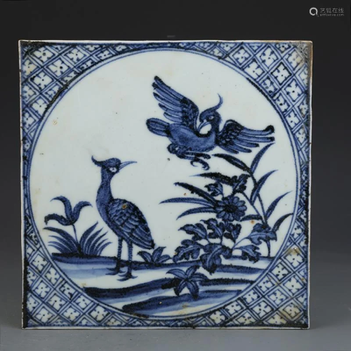 Ming dynasty blue glaze ground tile with flora and bird