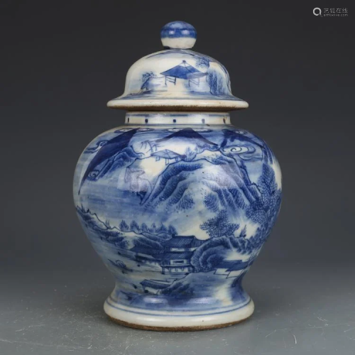 Qing dynasty blue glaze covered pot with landscape