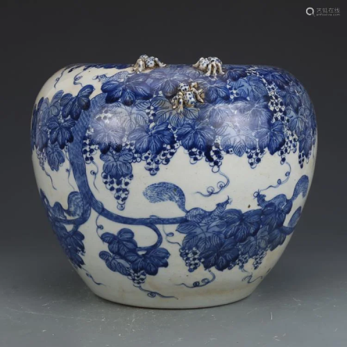 Qing dynasty blue glaze pot with grape painting