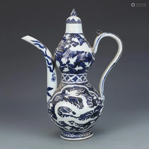 Yuan dynasty blue glaze gourd shaped teapot with dragon