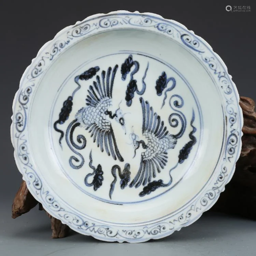 Ming dynasty blue glaze plate with phoenix painting