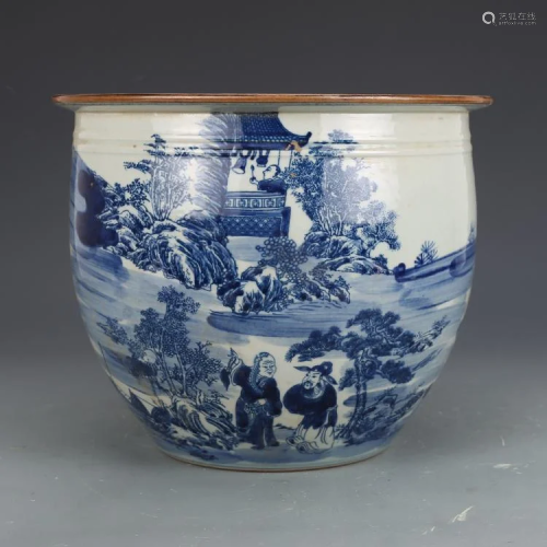 Qing dynasty blue glaze pot with character painting
