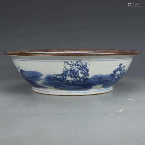 Qing dynasty blue glaze decoration with landscape