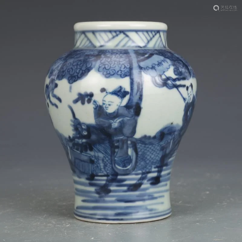 Blue glaze pot with character painting