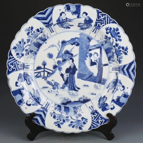 Qing dynasty blue glaze plate with character painting