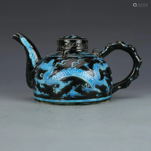 Ming dynasty black teapot with blue dragon painting