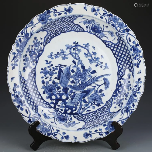 Qing dynasty blue glaze plate with flora and bird