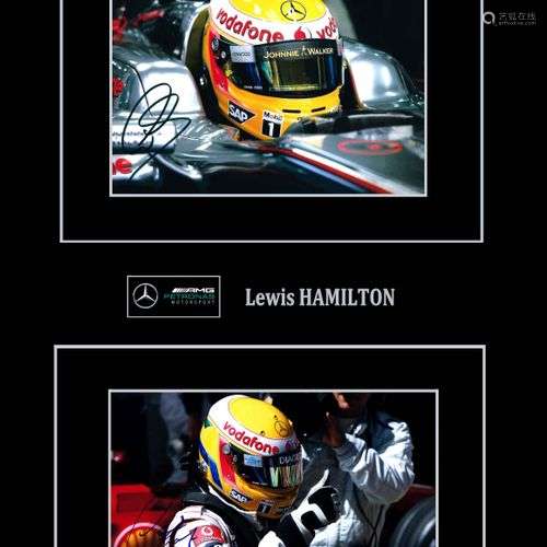 Lewis HAMILTON. Ensemble de 2 photos couleur dédicacées par ...