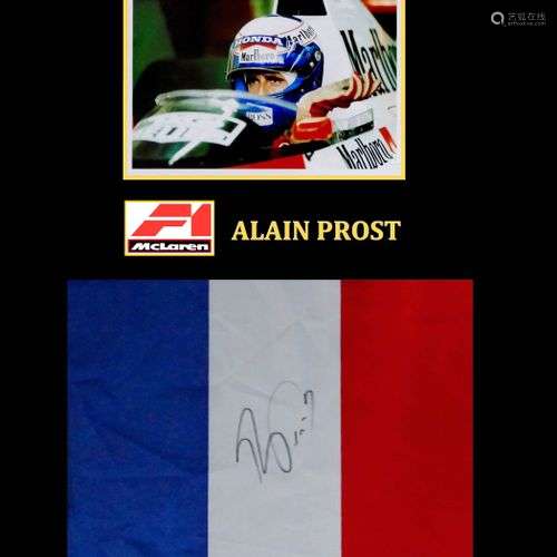 Alain PROST. Drapeau dédicacé par Alain Prost, accompagné d'...