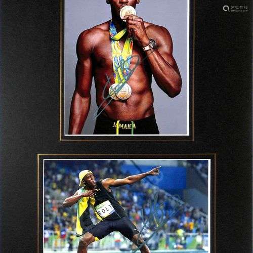 Usain BOLT. Ensemble de 2 photos couleurs aux Jeux Olympique...