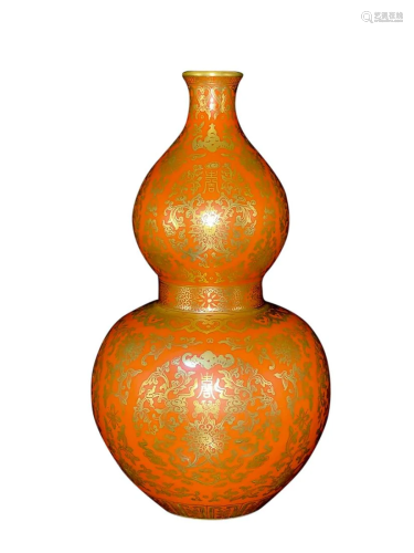 GILT-DECORATED IRON-RED-GLAZED 'FLORAL' DOUBLE-GOURD