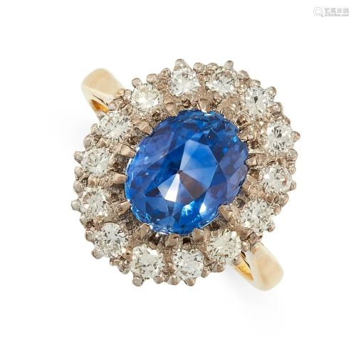 A CEYLON NO HEAT SAPPHIRE AND DIAMOND RING in 18ct