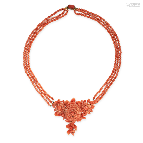 AN ANTIQUE CORAL NECKLACE comprising three rows of