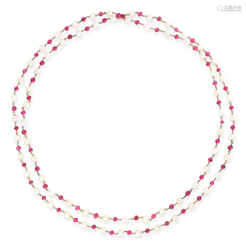 A PEARL AND SYNTHETIC RUBY SAUTOIR NECKLACE in yellow