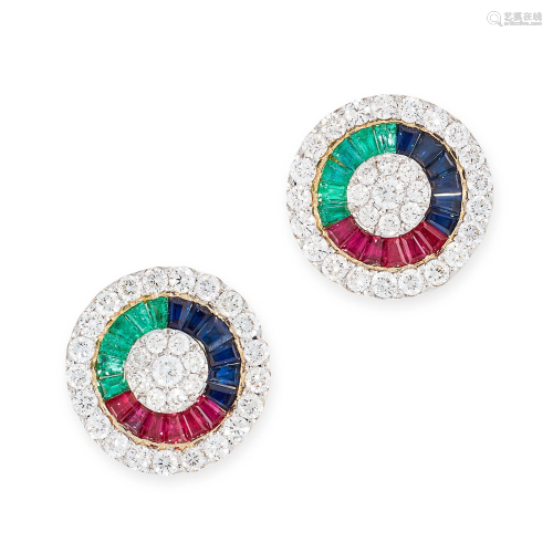 A PAIR OF RUBY, SAPPHIRE, EMERALD AND DIAMOND EARRINGS