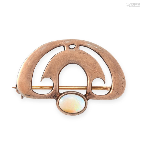 AN ART NOUVEAU OPAL BROOCH set with an oval cabochon