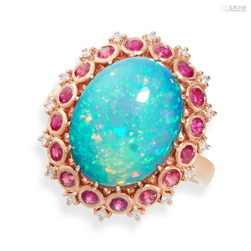 AN OPAL, RUBY AND DIAMOND RING in 18ct yellow gold,…